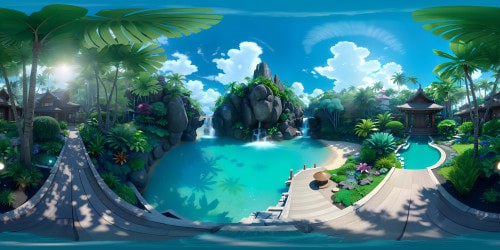 Masterpiece rendition, ultra-high resolution, serene summer cascades in Belize, splash of knitting-textured waterfall, Zen Buddhist influences, tranquil VR360 panorama. Vibrant tropical flowers, calm azure sky, towering palm trees framing VR360 view. Pixel-perfect, Pixar-style aesthetic.