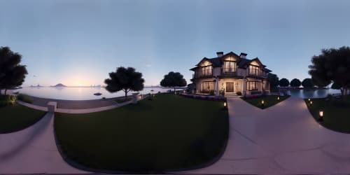 coastal village by the bay open ocean view at night with lanterns skyview