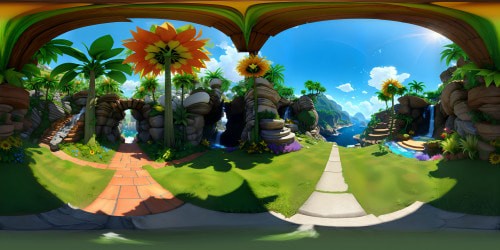 Hyper-realistic Green Hill Zone, Sonic's signature landscape. Vibrant checkerboard-patterned soil, cascading waterfalls, pixel-perfect sharpness. Palm trees, pixelated sunflowers, glowing ring collectibles. VR360 view, stylized after Sega Genesis original, but ultra-high definition. Classic video game graphics meets contemporary VR360 artistry.