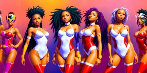 four african american women_wearing white and red leotards and thigh high boots_one woman has purple dreadlocks_