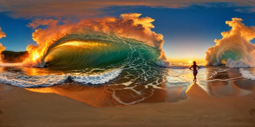 A flawless ivory beach gleaming under the golden hues of sunset, colossal waves crashing dramatically, a lifelike figure in mid-dance around a flickering bonfire, casting a mesmerizing aura in an ultra-high-resolution 3D digital artwork of unparalleled realism and detail.