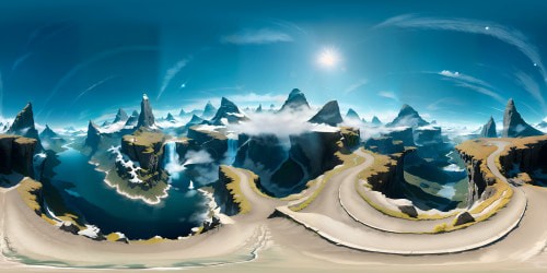 VR360 view: pristine, glacial peaks, dual-tone, realism-impressionism mix. Cerulean sky, undulating cloudscape, luminescence gradient, VR360 scope. Parallel, cascading waterfalls, distant view. Interplay, chiaroscuro: mountains, sky. Photorealistic textures. Ultra-high resolution, masterpiece spectrum quality. VR360, unbroken panoramic view, abstract impressionist sky details.