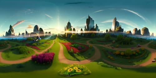 Ultra-high res VR360, masterpiece-style, Emerald City from Wizard of Oz, glistening green spires, iridescent domes against azure skies, winding Yellow Brick Road stretching toward horizon, subtle glow emanating from city, VR360 vastness of surrounding Land of Oz