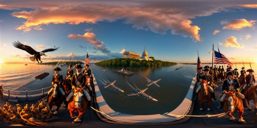 Iconic scene of George Washington leading troops across the Potomac River at sunset, with a majestic eagle locked in battle with a futuristic spaceship against a vibrant, dramatic sky.