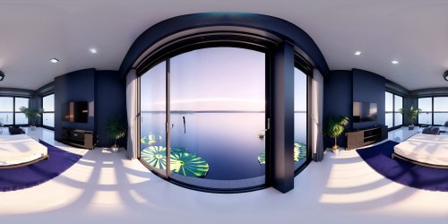 Award-winning rendering style, ultra high-res VR360 scene. Elegant floating lily pads on a serene reflection pool, ethereal twilight hues enveloping majestic lotuses, iridescent moon glimmers dancing on placid water surface, exquisite masterpiece VR360 experience.