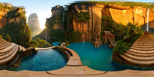 A golden hour over an ancient temple carved from towering cliffs, surrounded by cascading waterfalls, pools of pristine azure water, intricate stone carvings, and lush jungle foliage— a photorealistic masterpiece in stunning ultra high resolution, capturing every minute detail flawlessly.