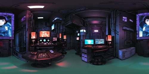 A flawlessly designed, state-of-the-art spy workshop packed with futuristic gaming gear, holographic interfaces, intricate cybernetic designs, bathed in neon lights and endless LED displays, tailored to immerse in ultra-realistic spy missions, a high quality masterpiece for the ultimate immersive gaming experience.