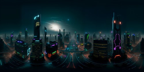 VR360 scene: masterpiece quality, ultra high resolution. Grand techno-cityscape, towering futuristic structures. Gleaming glass edifices, intricate neon circuitry. Faint starlight, luminous artificial constellations. VR360 style: hyperrealism, meticulous detail, refined digital painting.