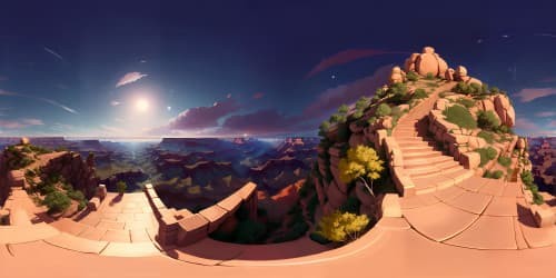 hilltop view Ultra HD, Masterpiece quality VR360, Grand Canyon, river slicing through red rock vistas, full moon cast shadows. Ethereal hues on horizon, night skyview dominated by moon's glow.