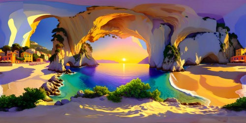 VR360 - Mediterranean coastline masterpiece, flawless golden hour, ultra HD. Crystal-clear waters, pristine sandy shores. Vibrant seaside village, cliffs backdrop. Sky painted - tangerine, lilac hues. Artistic blend - realism and impressionism, heightened colors, intricate light-play. Magnificent