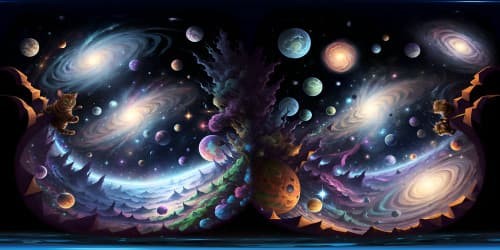 Surrealist VR360 masterpiece, quintet of pixie-princesses, nebula-toned leotards, focus on one, starlit blue eyes, double suns-blond hair duo, perched in stellar clusters, arms aloft creating galaxy arcs, cat-ear-shaped constellations, emphasis on cosmic armpit nebulae, ultra high-res digital painting style.