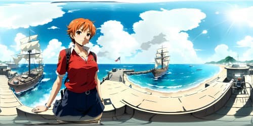 One piece character Nami in short ORANGE hair and T-shirt. dark brown eyes.  standing on a big ship. SMIING. whole body view. BACKGROUND IS THE OCEAN