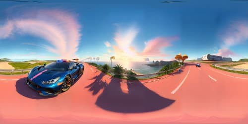 normal Cars and police cars motorcycles on the seaside highway (orange and pink sky)