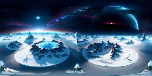 VR360 masterpiece, top-notch quality, ultra-high resolution. Ice planet, frosted peaks, crystalline glaciers. Arctic twilight palette, light refracting ice shards. Trail of comet tails, constellations in the backdrop. Pixar-style animation, stark contract, striking visual depth.