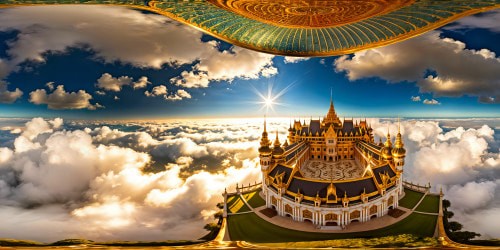 A magnificent palace adorned with shimmering gold mosaics and intricate treasures, gleaming under a lavish, ornate ceiling of sparkling jewels.