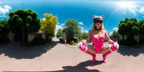 girls,wearing pink leotards,blonde,cat ears,squatting,arms behind head