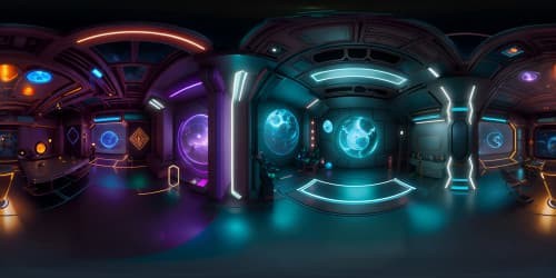 Tony Stark's high-tech garage VR360 panorama, gadgets gleaming, prototype suits displayed. Polished concrete floors reflecting ambient light, holographic projections floating in the air. Steel pillars, industrial chic. Pixar-style realism, glossy, vibrant colors, and ultra-high-res textures.