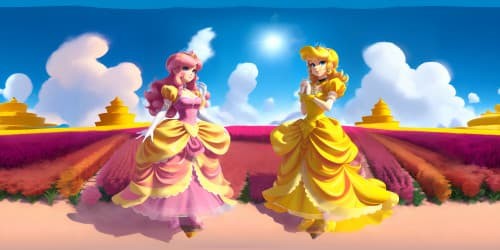 SUPERMARIO CHARACTERS: 2 PRINCESSES. princess peach blond har and pink dress. princess daisy brown hair and yellow dress.