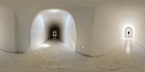 A flawless and expansive subterranean labyrinth adorned with immaculate white minimalist tiling, casting an eerie yet captivating ambiance, its dark hallways opening into vast interconnected chambers, elevating this ultra-high-resolution masterpiece to a mesmerizing pinnacle of perfection.