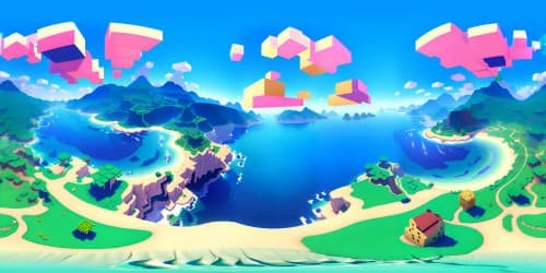 Masterpiece quality, ultra high resolution, distinctive Minecraft pixel-art aesthetic, VR360 cubic world perspective, blocky terrain variations, expansive pixelated landscapes. VR360 view, infinite block horizon, iconic Minecraft biomes.