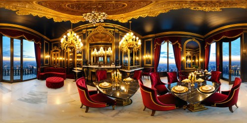 An elegant and lavish Parisian cafe with ornate gold trim, flickering candles on marble tabletops, plush velvet chairs, sparkling crystal chandeliers, and a warm, inviting fireplace crackling in the background, all in ultra high resolution, a visual masterpiece.