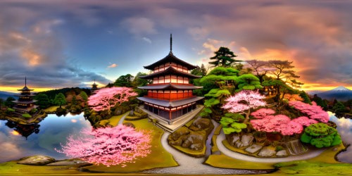 A breathtaking ancient Japanese temple nestled within a vibrant cherry blossom forest under the soft glow of a tranquil sunrise, delicate petals cascading around a sparkling koi pond, intricate moss-covered stone lanterns, flawless detail in every element, creating an ultra high resolution visual symphony.