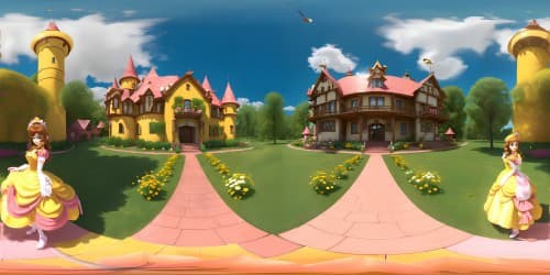 Supermario character: Princess Daisy(in brown hair yellow dress) and Princess Peach (in PINK dress) . standing in front of a pink and white castle