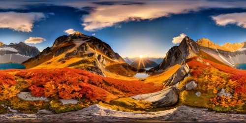 A flawless, ultra-high-resolution landscape capturing a majestic mountain range bathed in the golden light of a breathtaking sunset, reflecting in a crystal-clear alpine lake at the peak of autumn foliage.