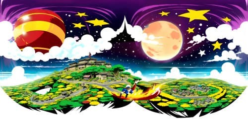 VR360 view, Dragon Ball Z-style scenery, Luffy outlined, ultra-high-resolution, vibrantly colored, exhilarating masterpiece, ethereal skyscape. VR360, immersive, dynamic action pose, celestial backdrop.