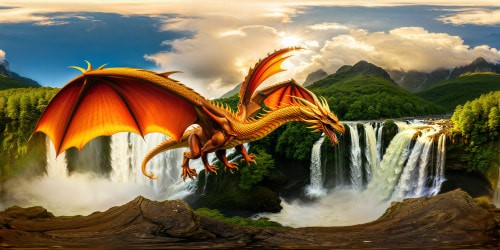 A colossal, awe-inspiring dragon of epic proportions, intricately detailed scales shimmering under a radiant sun, wings unfurled in a display of mythical grandeur, set against a flawless, sprawling landscape of majestic mountains and cascading waterfalls.