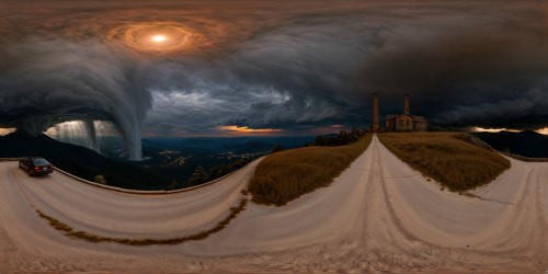 Immersive VR360 experience showcasing a haunting Silent Hill-inspired world with mist-shrouded vistas, decaying edifices, a foreboding sky veiled by menacing storm clouds, and an eerie moon casting a chilling glow, all rendered in impeccable photo-realistic detail.