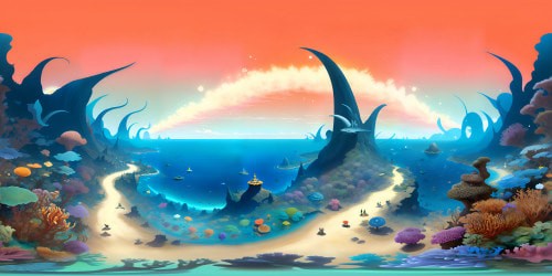 Ultra high-resolution, masterpiece-quality, gigantic seaflower at ocean center, lion-shaped sea creature frolicking beside, fantastical coral reef formations, VR360 panoramic underwater view, Pixar-style animation, vivid colors exploding in VR360 visual feast.