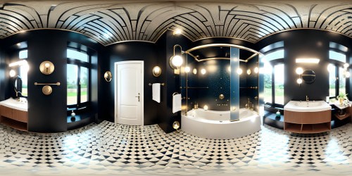 Ultra high res VR360 shower room, mosaic of silver droplets cascading from numerous shower heads, reflective tiles shimmering. Italian Renaissance style, life-like, immersive. Masterpiece, perfect for VR360 exploration.