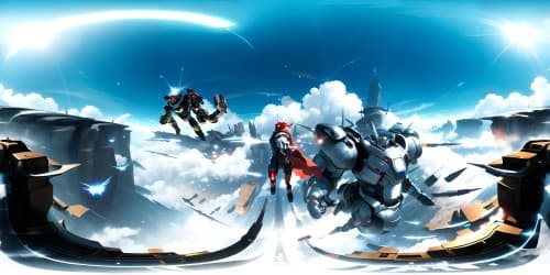 a giant silver robot_wearing a red cape_flying through  sac_