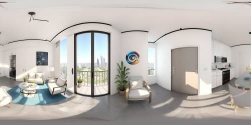 Ultra high-resolution VR360 scenery, modern New York apartment. Panoramic skyline view, high-rise buildings, sunset sky hues. Minimalist Pixar-style interior, white marble countertop, abstract art pieces. Masterpiece blend of real-world and animation, VR360 immersion.