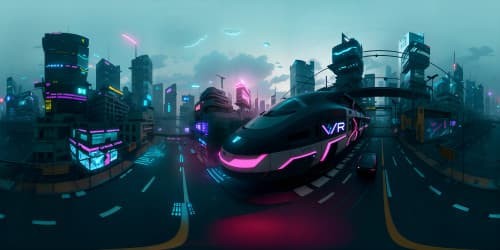 Masterpiece, ultra-high resolution, VR360 cyberpunk city view. Apartment edge perspective, luminescent neon skyline, towering futuristic structures, fast-paced monorails. Stark contrasts, vibrant hues, sleek pixar-style metallic surfaces.