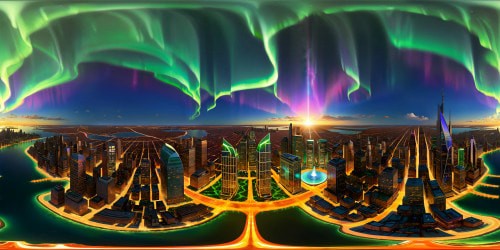 An awe-inspiring, flawlessly detailed digital artwork showcasing a vast, intricately designed futuristic cityscape under a radiant, multi-colored aurora borealis, reflecting off gleaming skyscrapers and shimmering waterways, unparalleled quality in its ultra-high resolution.