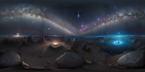 Masterpiece-quality VR360 starfield, ultra high resolution, infinite cosmic expanse. Remote asteroids, specks in the distance. VR360 style fusion of realism and digital painting, stars sparkle, asteroids meticulously detailed.