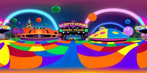 VR360 viewing, Freddy Fazbear's bright, happy-go-lucky charm, pixar-esque rendering. Colorful arcade, twinkling lights, strewn confetti, pristine VR360, birthday balloons. Ultra high-res, masterpiece quality, luminescent ambience.