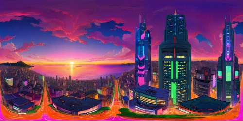 A breathtaking futuristic cityscape from "Darling in the Franxx," gleaming with neon lights, towering skyscrapers, flying vehicles, and colossal mechs, set against a vibrant pink and purple-tinged sunset sky, a true ultrahd masterpiece.