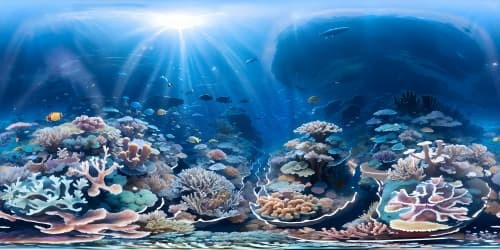 VR360 masterpiece, ultra-high-resolution, marine spectacle. Expanded view of underwater coral kingdom, plethora of radiant hues. Sunbeams piercing azure abyss, casting ethereal luminosity on delicate coral formations. Emphasis on Pixar-style brilliance, finesse.