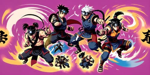 Ultra high-res Mortal Kombat, Scorpion vs Sub-Zero, Naruto-style fusion. Vibrant energy blasts, scattered ninja weapons, intricate seal symbols, VR360 intense combat scene. Stylized as Naruto artwork, with majestic, expansive VR360 viewpoint.