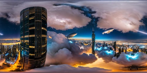 Luminous airships gracefully glide through the cyberpunk cityscape, soaring amidst towering skyscrapers illuminated by a starry sky, casting neon reflections on flawless buildings below, portraying the futuristic allure of a cutting-edge metropolis.