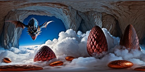 Within a flawless cavern illuminated by mystical blue hues, a myriad of pristine oblong dragon eggs in varying shades gleam, guarded diligently by a humanoid silver dragon amidst the serene ambience.