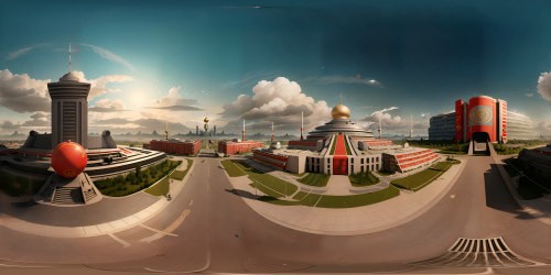VR360 scene: Cold War-era architecture, red banners, prominent gold sickle, hammer motifs. VR360 perspective: Soaring socialist realist statues, concrete Brutalist buildings against steel-grey skies. Style: Early 20th-century Socialist Realism, distinct USSR-China-Yugoslavia elements, ultra-high resolution, masterpiece quality.