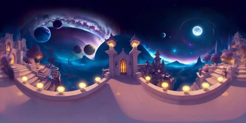 Masterpiece quality, ultra-high resolution, stylized felines. Fantasy-inspired VR360 scene, cat-shaped constellations, ethereal glow, mystic celestial patterns. Intricate feline silhouettes, luminous star-clusters, deep, cosmic blues, purples. Artistic aesthetic in VR360.