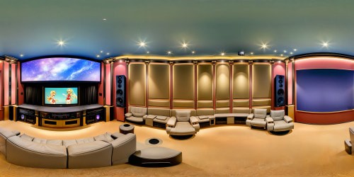 An extravagant, state-of-the-art home theater, adorned with opulent furnishings, cutting-edge audiovisual technology, and flawless acoustics, bathed in ambient lighting for an unparalleled immersive experience in ultra-high resolution.