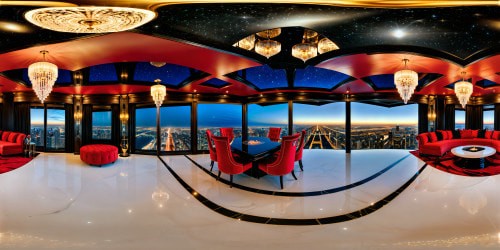 Ideal prompt: Opulent luxury penthouse with a sleek color scheme of red, black, and white, showcasing shimmering marble floors, plush velvet accents, dazzling crystal chandeliers, and expansive windows framing a mesmerizing cityscape under a star-studded night sky.