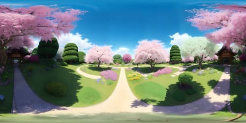 Ultra-HD, floral tapestry in VR360, kaleidoscope of blossoms in a Japanese botanical garden. Minimalist, elevated perspective, emphasis on sprawling flora panorama. Quintessential realism with a dash of whimsy, intensified color palette for VR360 immersion. Opulent, masterful, skyview rendering, maximum quality.