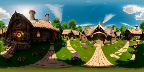 VR360 scene: Flawless hobbit house nestled in lush meadow, vibrant greenery surrounding, petite windows, intricate wooden door details. Ultra-high resolution, masterfully detailed. Immersive VR360 layout: Curved path leading up to storybook dwelling, soft evening sky. Pixar-style, warm, vivid colors, precise textures, dreamlike.